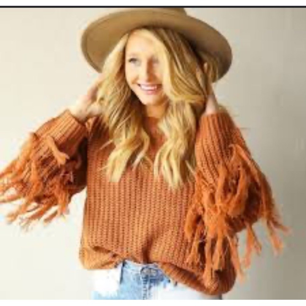 &merci Women's S Fringe Sleeve Chunky Knit Sweater Pullover Boho Chic Rust Cozy